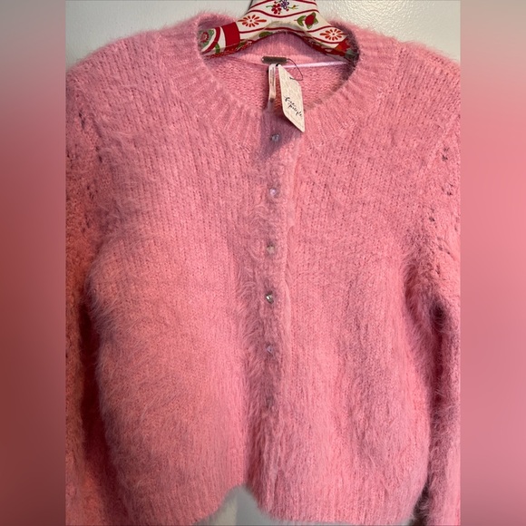 Free People Celeste Fuzzy Cute Embellished Hearts Button Cardi Cardigan - Picture 4 of 6